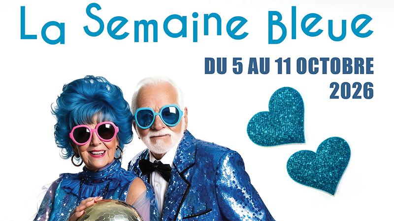 Visuel de l'affiche La Semaine Bleue avec 2 personnes agées habillées en strass et paillettes