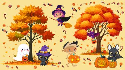 Illustrations de petits personnages d'Halloween (fantôme, chat noir...) 