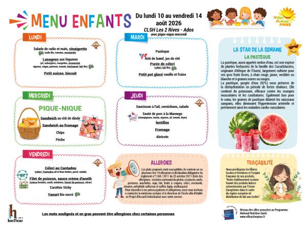 Menu enfants semaine du 10 au 14 août 2026 avec pique-nique le mercr