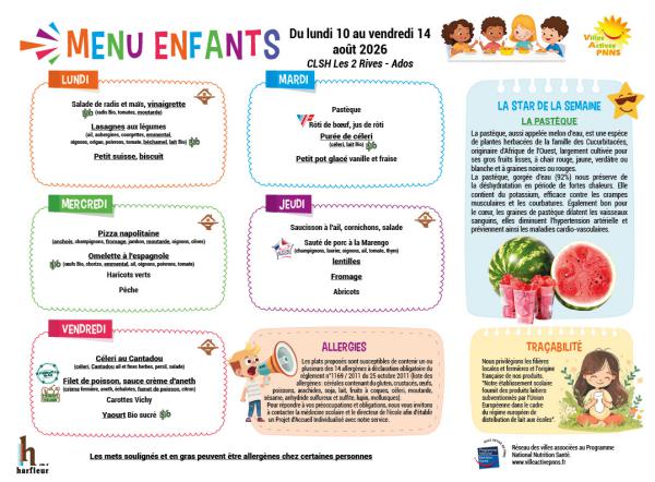 Menu enfants semaine du 10 au 14 août 2026