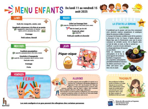 Menu enfants semaine du 11 au 15 août 2025