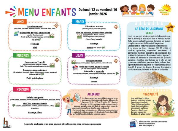 Menu enfants semaine du 12 au 16 janvier 2026