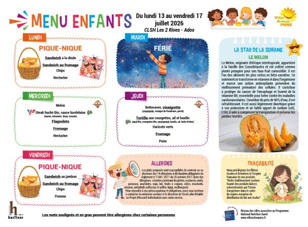 Menu enfants semaine du 13 au 17 juillet 2026