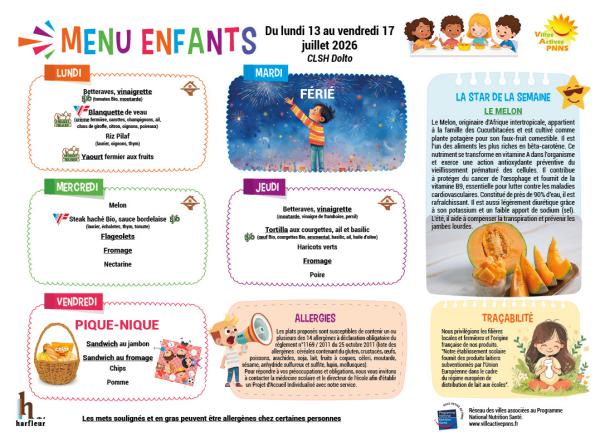 Menu enfants semaine du 13 au 17 juillet 2026