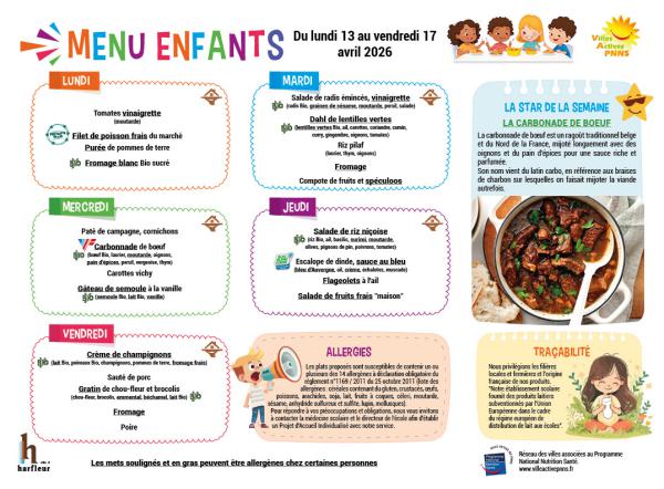 Menu enfants semaine du 13 au 17 avril 2026