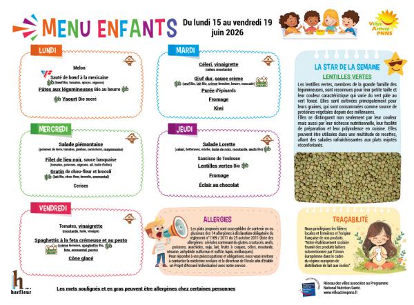 Menu enfants semaine du 15 au 19 juin 2026