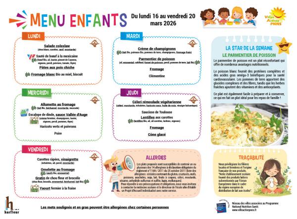 Menu enfants semaine du 16 au 20 mars 2026