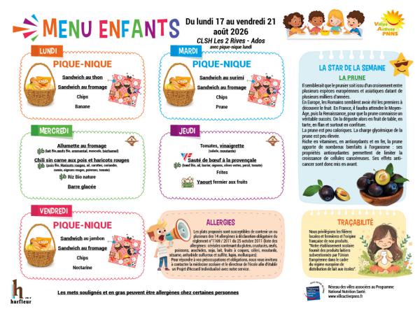 Menu enfants semaine du 17 au 21 août 2026 avec pique-nique le lundi