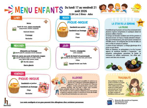 Menu enfants semaine du 17 au 21 août 2026