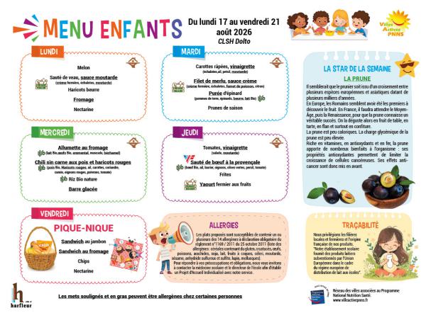 Menu enfants semaine du 17 au 21 août 2026