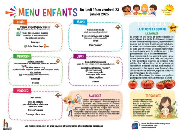 Menu enfants semaine du 19 au 23 janvier 2026