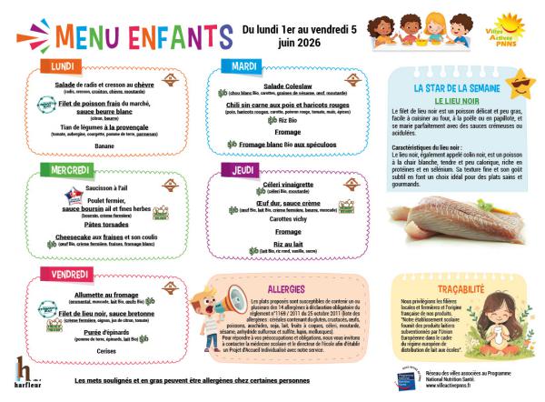Menu enfants semaine du 1er au 5 juin 2026
