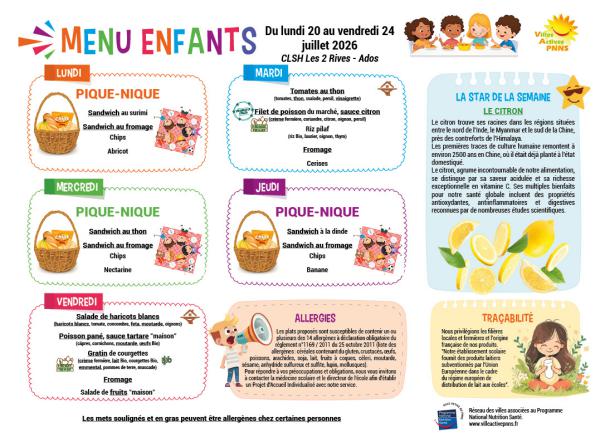 Menu enfants semaine du 20 au 24 juillet 2026