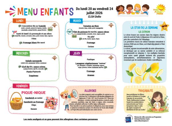 Menu enfants semaine du 20 au 24 juillet 2026
