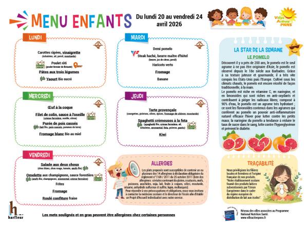 Menu enfants semaine du 20 au 24 avril 2026
