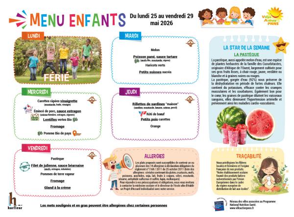 Menu enfants semaine du 25 au 29 mai 2026
