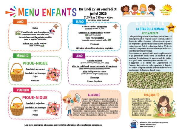 Menu enfants semaine du 27 au 31 juillet 2026 avec pique-nique le mercredi
