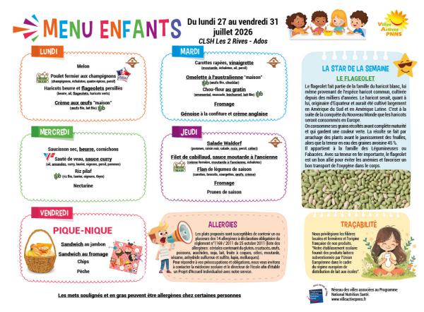 Menu enfants semaine du 27 au 31 juillet 2026
