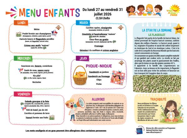 Menu enfants semaine du 27 au 31 juillet 2026 