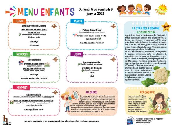 Menu enfants semaine du 5 au 9 janvier 2026