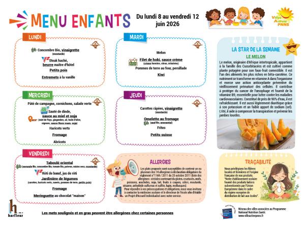 Menu enfants semaine du 8 au 12 juin 2026