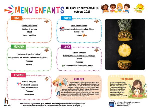 Menu enfants semaine du 12 au 16 octobre