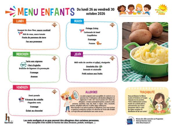 Visuel du menu enfants semaine du 26 au 30 octobre