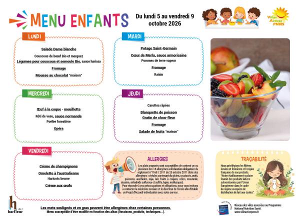 Menu enfants semaine du 5 au 9 octobre