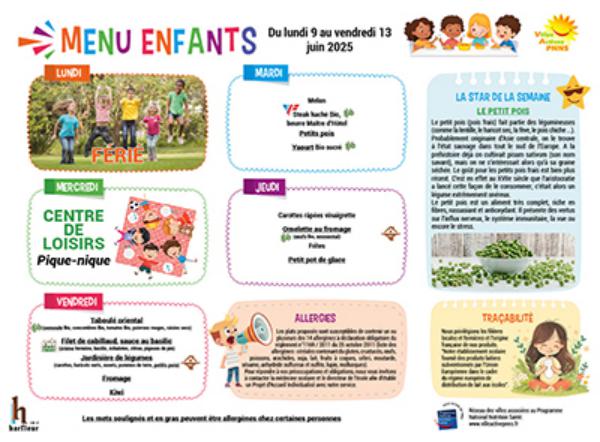 Menu enfants semaine du 9 au 13 juin 2025
