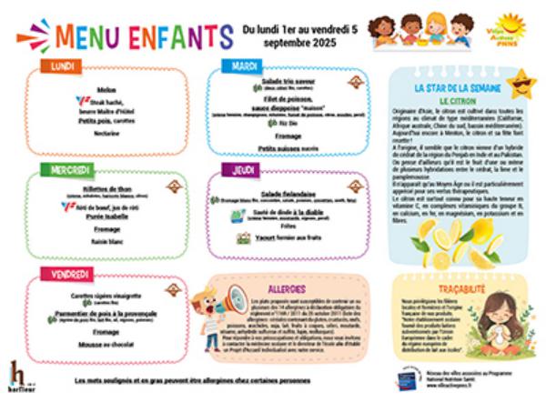Menu enfants semaine du 1er au 5 septembre 2025