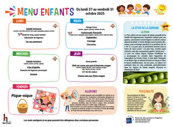 Menu enfants semaine du 20 au 24 octobre 2025