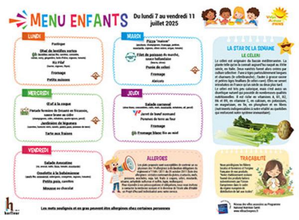 Menu enfants semaine du 7 au 11 juillet 2025