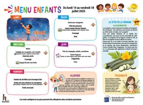 Menu enfants semaine du 14 au 18 juillet 2025