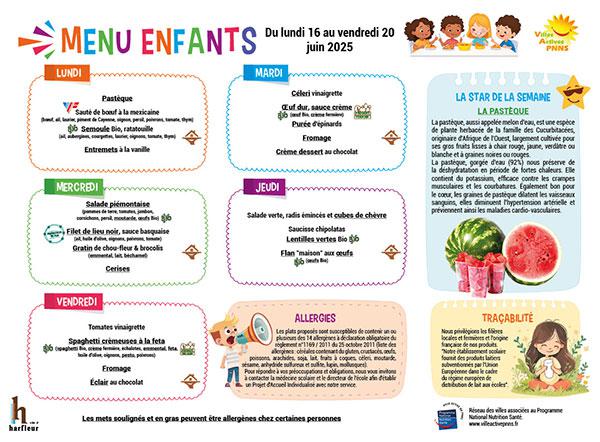 Menu enfants semaine du 16 au 20 juin 2025