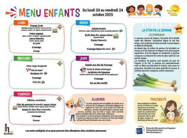 Menu enfants semaine du 20 au 24 octobre 2025