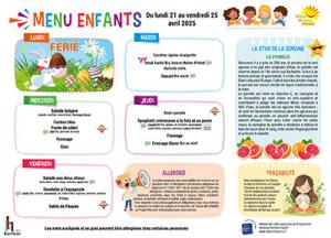 Menu enfants semaine du 21 au 25 avril 2025