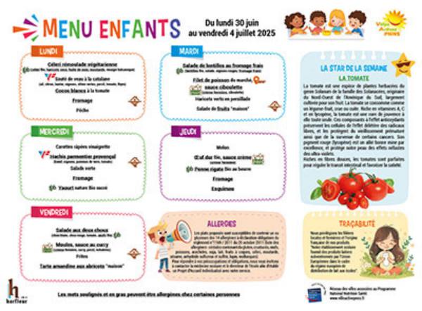 Menu enfants semaine du du 30 juin au 4 juillet 2025