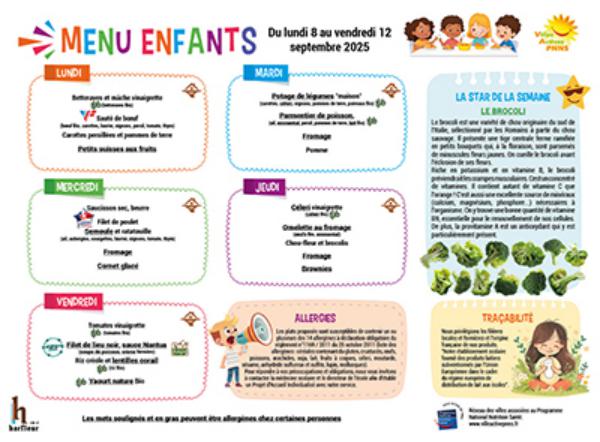 Menu enfants semaine du 8 au 12 septembre 2025