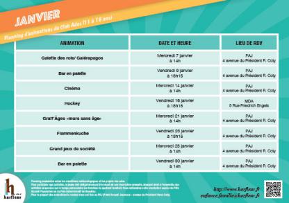 Planning Club Ados janvier - février 2026