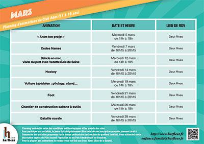 Planning Club Ados mars - avril 2025